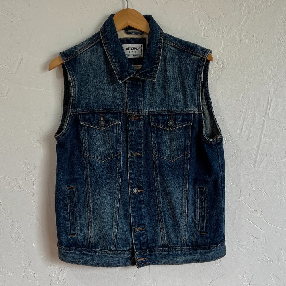 PULL & BEAR - denim biker vest - Men's Large